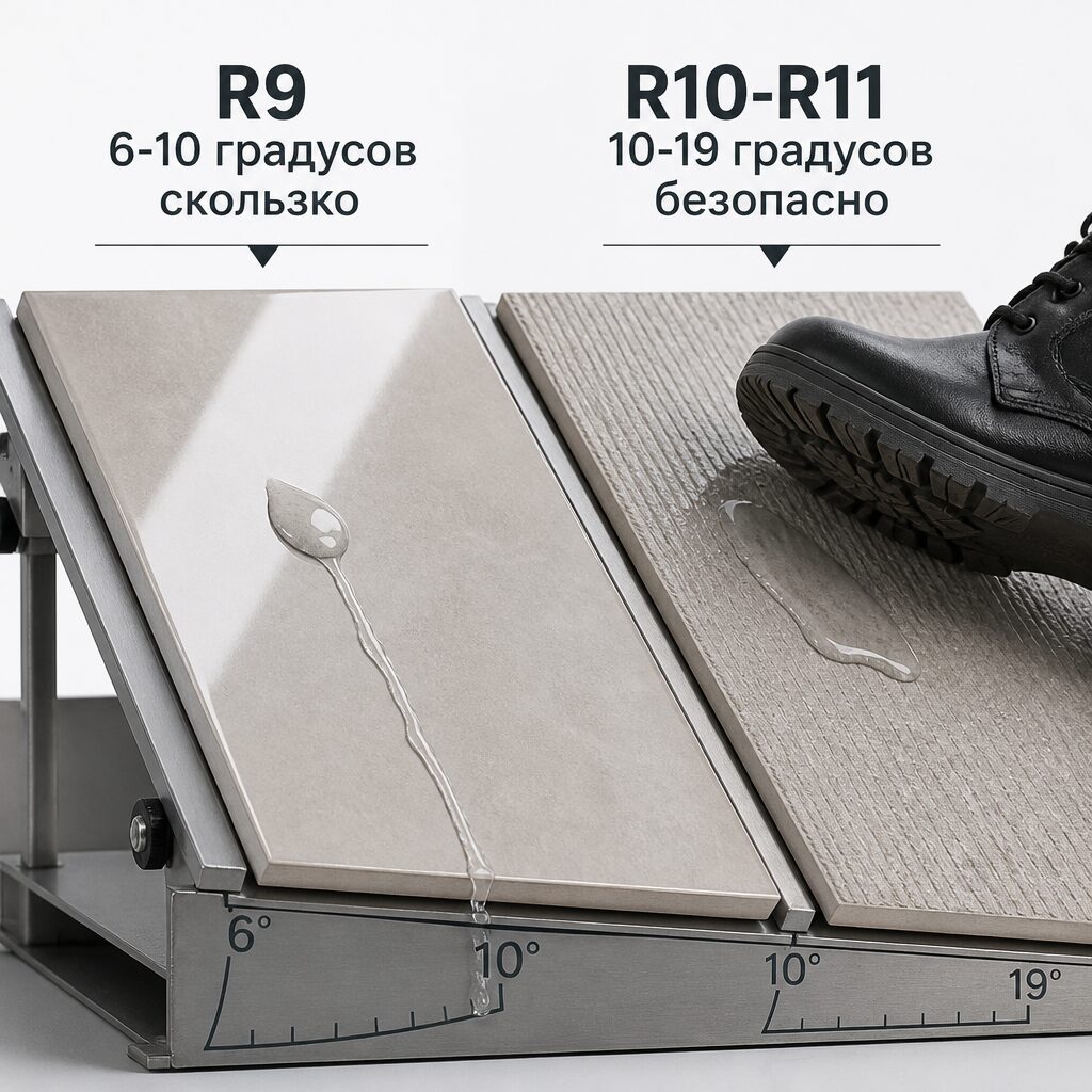 класс противоскольжения керамогранита DIN 51130 R9 R10 R11 для кухни ванной и прихожей