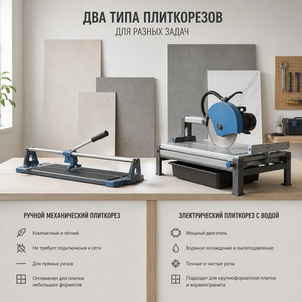 Сравнение ручного и электрического плиткореза для керамогранита на верстаке