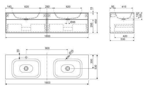 База под двойную раковину Cezares Titan 180x53x45 Lava TITAN-I-1800/530-2C-LAV