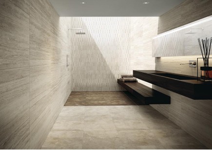 Керамогранит Laminam Italy Hado Travertino Bianco Rain структурированный ректифицированный 100x300 LAMF011850_IT