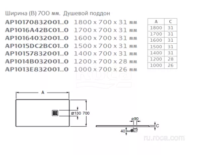 Душевой поддон Roca Terran 160x70x3.1 AP1016402BC01400