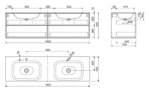 База под двойную раковину Cezares Titan 200x53x55 Lava TITAN-II-2000/530-4C-LAV