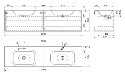 База под двойную раковину Cezares Titan 200x53x55 Lava TITAN-II-2000/530-4C-LAV