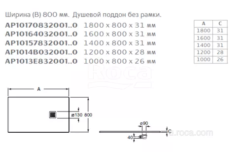 Душевой поддон Roca Terran 180x80x3.1 AP10170832001200