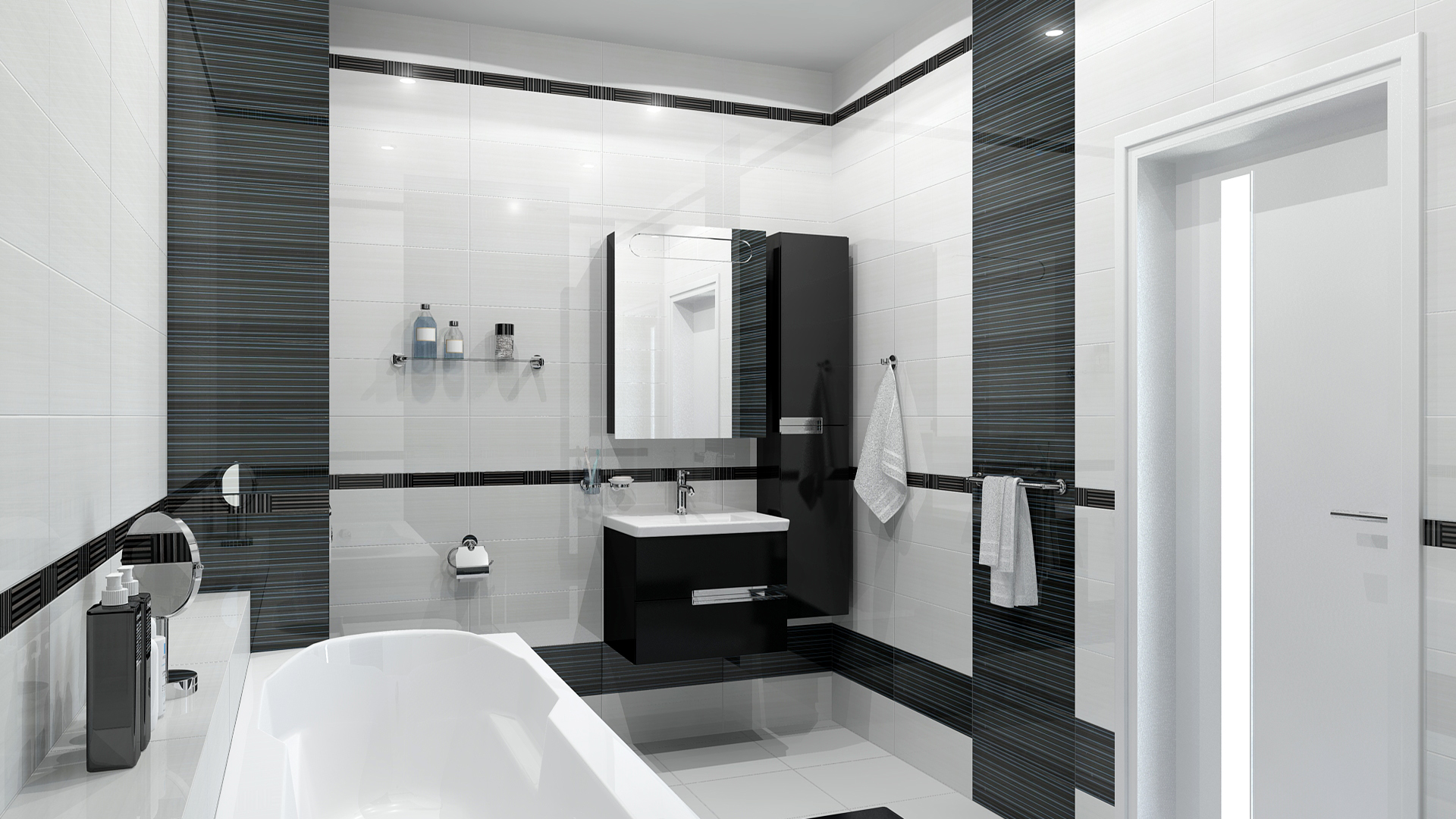Черно белый цвет в ванной. Плитка Пульсар Керадим. Вилланелла Керама Марацци. Черно-белая ванная комната. Ванная в черно белом стиле.
